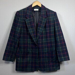 Vintage White Stag Green Blue Holiday Plaid Christmas Blazer